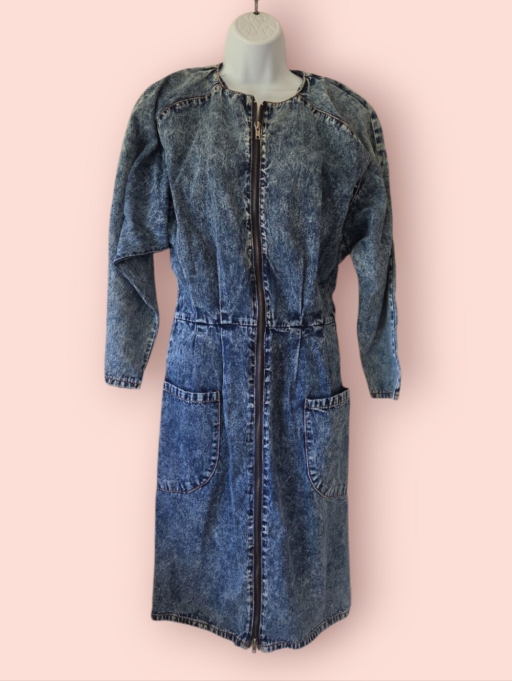 Vintage  80s Acid Wash Full Zip Denim Dress